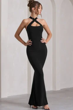 Cross My Heart | Black Sleeveless Cross-Neck Maxi Dress