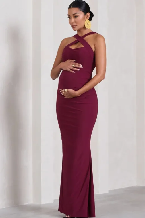 Cross My Heart | Burgundy Sleeveless Cross-Neck Maternity Maxi Dress