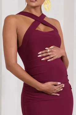 Cross My Heart | Burgundy Sleeveless Cross-Neck Maternity Maxi Dress