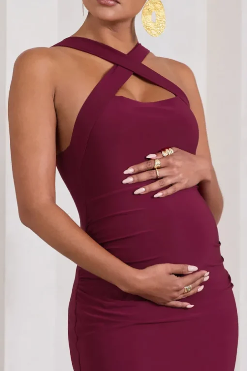 Cross My Heart | Burgundy Sleeveless Cross-Neck Maternity Maxi Dress