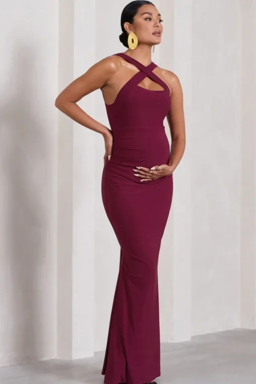 Cross My Heart | Burgundy Sleeveless Cross-Neck Maternity Maxi Dress