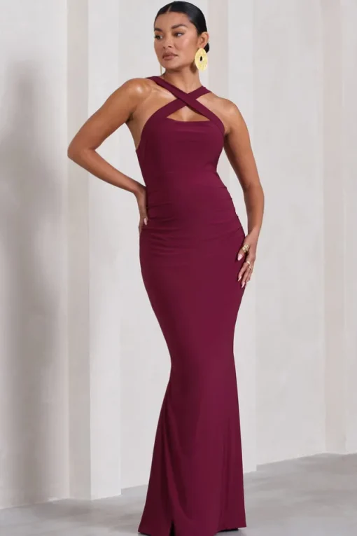 Cross My Heart | Burgundy Sleeveless Cross-Neck Maternity Maxi Dress