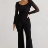 Crossed Lines | Black Ruched Mesh Flared-Leg Jumpsuit