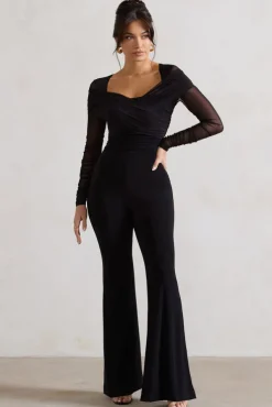 Crossed Lines | Black Ruched Mesh Flared-Leg Jumpsuit