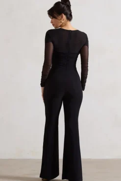 Crossed Lines | Black Ruched Mesh Flared-Leg Jumpsuit