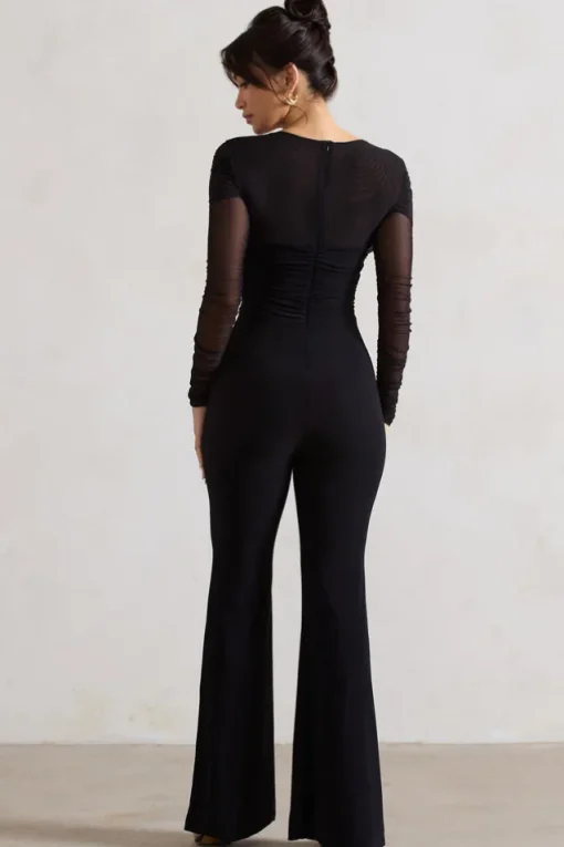 Crossed Lines | Black Ruched Mesh Flared-Leg Jumpsuit