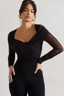 Crossed Lines | Black Ruched Mesh Flared-Leg Jumpsuit