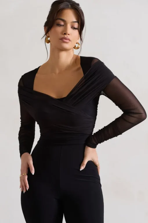 Crossed Lines | Black Ruched Mesh Flared-Leg Jumpsuit
