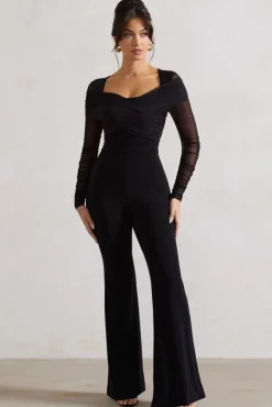 Crossed Lines | Black Ruched Mesh Flared-Leg Jumpsuit