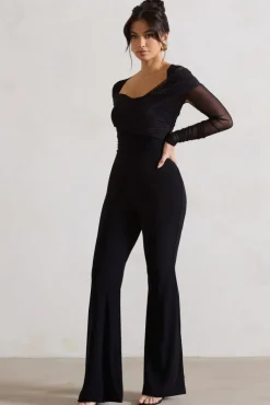 Crossed Lines | Black Ruched Mesh Flared-Leg Jumpsuit