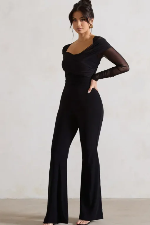 Crossed Lines | Black Ruched Mesh Flared-Leg Jumpsuit
