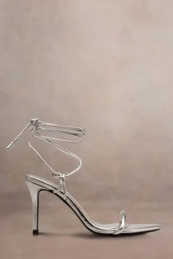 Crossed Wires | Silver Metallic Lace-Up Heeled Sandals