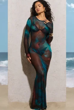 Cruz | Blue Print Mesh Long-Sleeve Maxi Dress