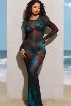 Cruz | Blue Print Mesh Long-Sleeve Maxi Dress