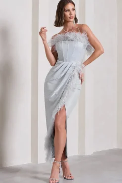 Crystal | Silver Metallic Bandeau Corset Maxi Dress With Feather Trims