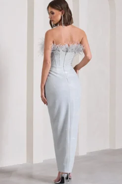 Crystal | Silver Metallic Bandeau Corset Maxi Dress With Feather Trims
