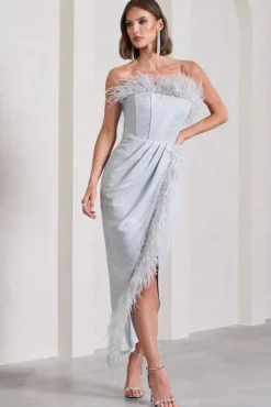 Crystal | Silver Metallic Bandeau Corset Maxi Dress With Feather Trims