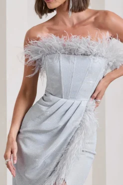 Crystal | Silver Metallic Bandeau Corset Maxi Dress With Feather Trims
