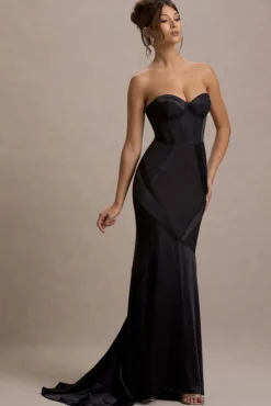 Custom | Black Satin Sweetheart Corset Fishtail Maxi Dress