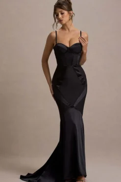 Custom | Black Satin Sweetheart Corset Fishtail Maxi Dress