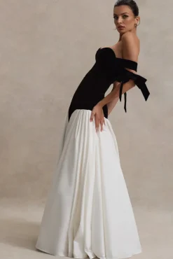 Cyndi | Black u0026 Cream Velvet Bardot Maxi Dress With Volume Skirt