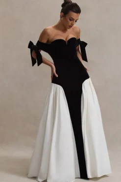 Cyndi | Black u0026 Cream Velvet Bardot Maxi Dress With Volume Skirt