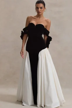 Cyndi | Black u0026 Cream Velvet Bardot Maxi Dress With Volume Skirt