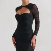 Daiquiri | Black Ruched Cut Out Mesh Mini Dress With Long Sleeves