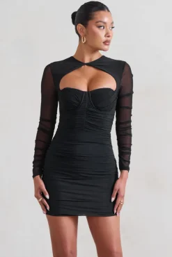 Daiquiri | Black Ruched Cut Out Mesh Mini Dress With Long Sleeves