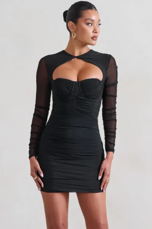 Daiquiri | Black Ruched Cut Out Mesh Mini Dress With Long Sleeves