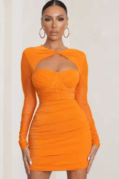 Daiquiri | Orange Cut Out Ruched Mesh Mini Dress With Long Sleeves