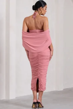 Daisy | Blush Pink Ruched Flower Halter-Neck Drape-Sleeve Maternity Midi Dress