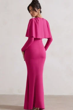 Dalia | Dark Pink V-Neck Draped Long Sleeve Maxi Dress
