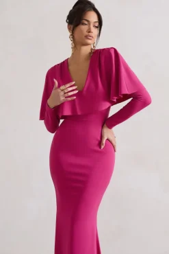 Dalia | Dark Pink V-Neck Draped Long Sleeve Maxi Dress