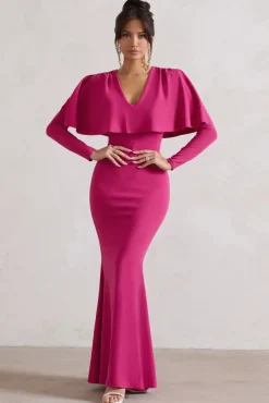 Dalia | Dark Pink V-Neck Draped Long Sleeve Maxi Dress