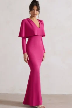 Dalia | Dark Pink V-Neck Draped Long Sleeve Maxi Dress