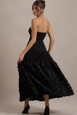 Dame | Black Lace Bandeau Midi Dress With Floral Hem