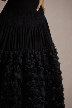 Dame | Black Lace Bandeau Midi Dress With Floral Hem