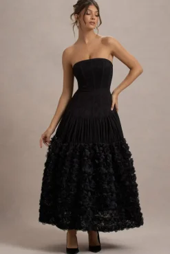 Dame | Black Lace Bandeau Midi Dress With Floral Hem