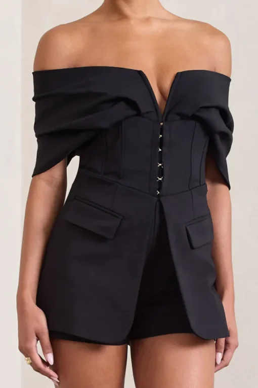 Damsel | Black Cotton-Blend Corset Bardot Playsuit