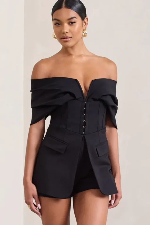 Damsel | Black Cotton-Blend Corset Bardot Playsuit