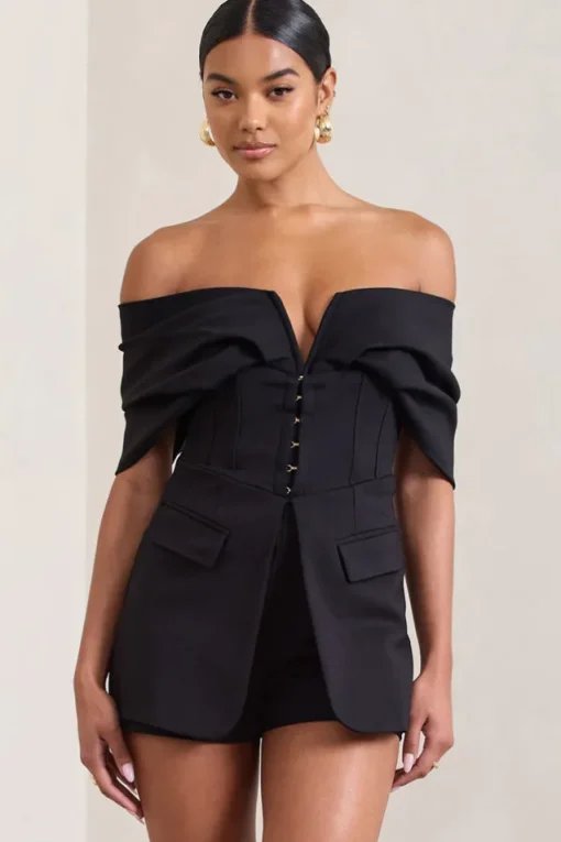 Damsel | Black Cotton-Blend Corset Bardot Playsuit