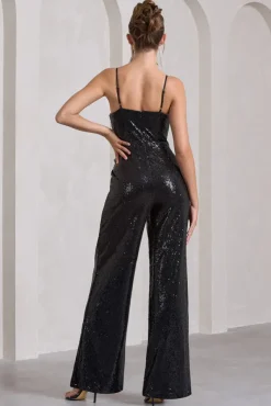 Dandelion | Black Strappy Corset Sequin Jumpsuit