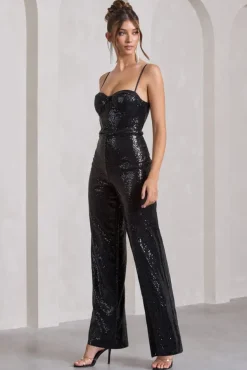 Dandelion | Black Strappy Corset Sequin Jumpsuit