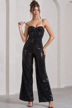Dandelion | Black Strappy Corset Sequin Jumpsuit
