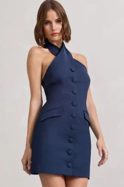 Dani | Navy Halter Neck Tailored Buttoned Bodycon Mini Dress