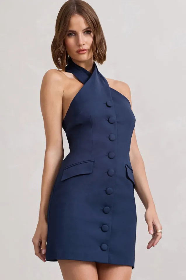 Dani | Navy Halter Neck Tailored Buttoned Bodycon Mini Dress