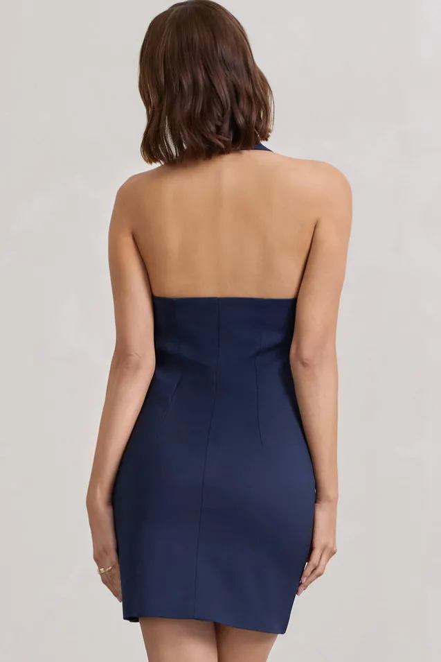 Dani | Navy Halter Neck Tailored Buttoned Bodycon Mini Dress