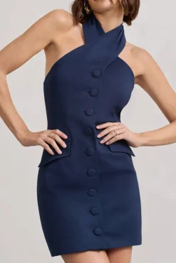 Dani | Navy Halter Neck Tailored Buttoned Bodycon Mini Dress