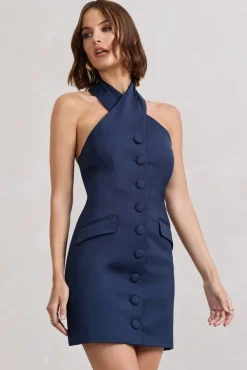 Dani | Navy Halter Neck Tailored Buttoned Bodycon Mini Dress